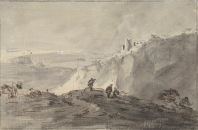 Três figuras numa paisagem montanhosa com ruínas, para além de Rev. William Gilpin