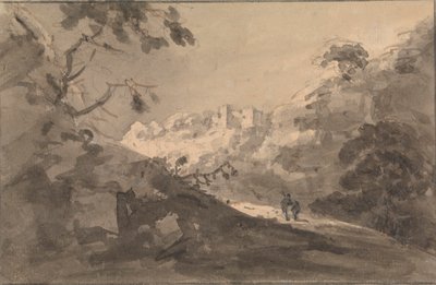 Duas figuras numa estrada com Castelo no centro à distância de Rev. William Gilpin