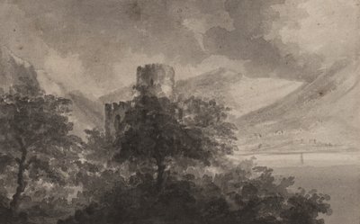 Castelo de Lakeland arborizado: capriccio, 1804 (pincel e monocromático lava no papel) de Rev. William Gilpin