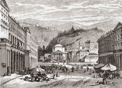 Uma rua em Turim, Itália, no final do século XIX. De Italian Pictures do Rev. Samuel Manning, publicado por volta de 1890. de Reverend Samuel Manning