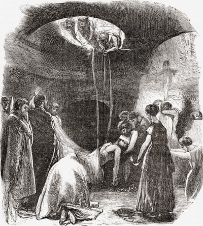 Um enterro cristão primitivo nas Catacumbas de Roma, Itália. De Italian Pictures do Rev. Samuel Manning, publicado em 1890. de Reverend Samuel Manning