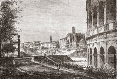 Aproximação ao Fórum a partir da Colina de Cellian, Roma, Itália, no final do século XIX. De Italian Pictures by Rev. Samuel Manning, publicado em 1890. de Reverend Samuel Manning