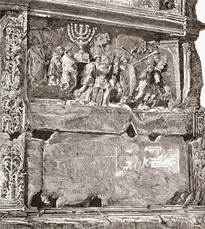 Baixo-relevo do painel sul "Os Despojos de Guerra", mostrando o cortejo triunfal, no Arco de Tito, Via Sacra, Fórum Romano, Roma, Itália. De Italian Pictures by Rev. Samuel Manning, publicado em c.1890. de Reverend Samuel Manning