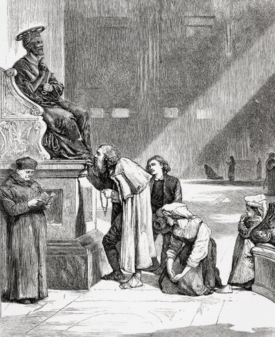 Pessoas a beijar os pés da estátua de São Pedro no interior da Basílica de São Pedro, Cidade do Vaticano, Roma, no final do século XIX. De Italian Pictures do Rev. Samuel Manning, publicado por volta de 1890. de Reverend Samuel Manning