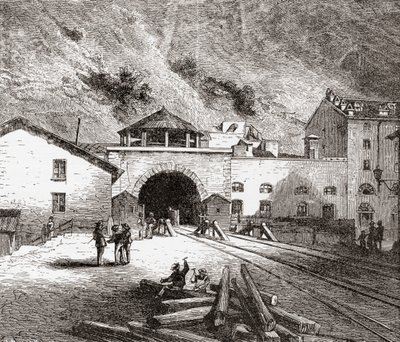 O túnel ferroviário de Fréjus, também chamado túnel do Monte Cenis, nos Alpes europeus, visto do lado italiano no final do século XIX. De Italian Pictures do Rev. Samuel Manning, publicado por volta de 1890. de Reverend Samuel Manning