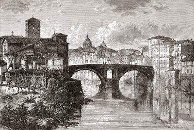 O Pons Fabricius, ou Ponte dei Quattro Capi, e a Ilha do Tibre, Roma, Itália, no final do século XIX. De Italian Pictures do Rev. Samuel Manning, publicado por volta de 1890. de Reverend Samuel Manning