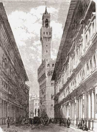 Os Uffizi, o Palazzo Vecchio e as estátuas na Piazza della Signoria, Florença, Itália, no final do século XIX. De Italian Pictures do Rev. Samuel Manning, publicado por volta de 1890. de Reverend Samuel Manning
