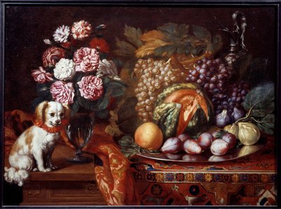 Natureza morta com spaniel anão. Pintura de Renaud Levieux disse Reynaud Le Vieux (c.1625-1690) de Reynaud Levieux
