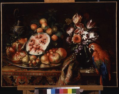 Natureza morta com papagaio vermelho (e frutas). (óleo sobre tela) de Reynaud Levieux