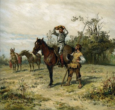 Dom Quixote monta Rossinante, usa o seu elmo, Sancho Pança carrega a sua lança de Ricardo Balaca