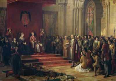 Cristóvão Colombo recebido pelos reis católicos em Barcelona no seu regresso da sua primeira viagem às Américas, pintura de 1874 de Ricardo Balaca (1844-1880), óleo sobre tela de Ricardo Balaca y Canseco