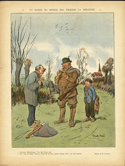Ilustração de Ricardo Flores (1878-1918) em Le Lire, 04/01/13 - O motivo do bebedor é sempre o melhor - Campanha, Infância, Caça caçador, Catedrais, Igrejas, Alcoolismo Alcoólico de Ricardo Flores