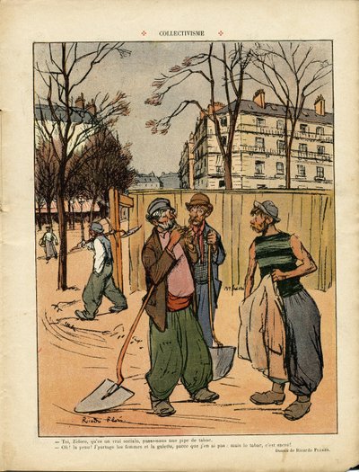 Ilustração de Ricardo Flores (1878-1918) em Le Rire, 06/02/09 - Colectivismo - Social, Arquitectura Urbana, Árvore, Construção Civil, Colectivismo - Trabalhador Trabalhador, Terrassiers de Ricardo Flores