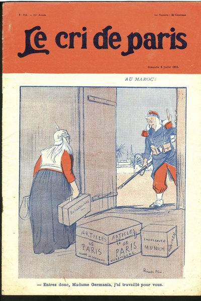 Ilustração de Ricardo Flores (1878-1918) para a Capa do Le Cri de Paris, 09/07/11 - "Entre tão querida senhora, eu trabalhei para você". - Alemanha Prússia, Marrocos, Magrebe - Germânia de Ricardo Flores