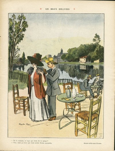 Ilustração de Ricardo Flores (1878-1918) em Le Rire, 04/07/08 - Belos Domingos - Lazer, Vegetação Natural, Urbanismo Arquitetônico, Cafés Restaurantes, Marinha de Mar de Ricardo Flores