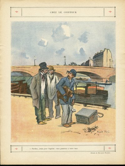 Ilustração de Ricardo Flores (1878-1918) em Le Rire, 05/10/12 - Chez le coiffeur - Paris, Metiers, Architecture Urbanisme, Pont, Riviere Fleuve - Cão, Cabeleireiro de Ricardo Flores