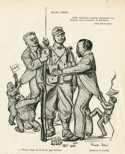 Ilustração de Ricardo Flores (1878-1918) em Le Rire, 21/06/13 - Sales kidses - Army, Military Service, Socialism - Jaures Jean, Caillaux Joseph (1863-1944), Painleve Paul (1863-1933) de Ricardo Flores