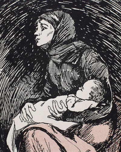 Véspera de Natal. 1900. Uma mulher magra com o seu filho nos braços (gravura) de Ricardo Maria Navarrete