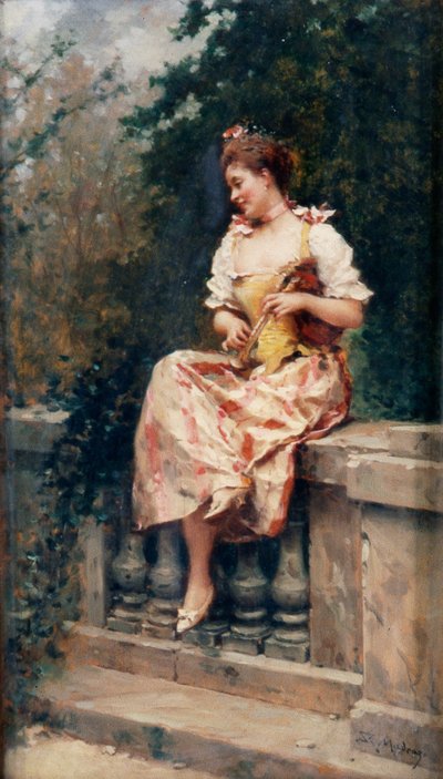 Rapariga com flauta, c.1895 (óleo sobre painel) de Ricardo de Madrazo y Garreta