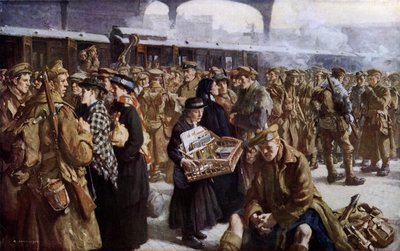 Estação Victoria, 1ª Guerra Mundial, partida para França (cor litho) de Richard (after) Jack