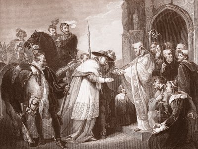 Cardeal Wolsey na Abadia de Leicester, gravada por R. Walther (litho) de Richard (after) Westall