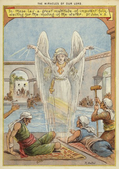 Os Milagres de Cristo: pessoas doentes à espera do movimento da água por um anjo (chromolitho) de Richard Andre