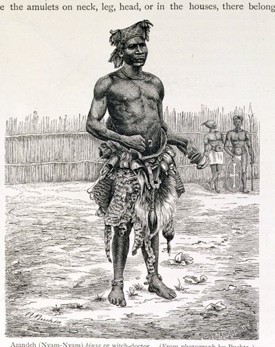 Azandeh (Nyam-Nyam) Binsa ou Witch Doctor, gravado por Jahrmargt, de "A História da Humanidade" pelo Prof. Friedrich Ratzel, pub. em 1904 (gravura) de Richard Buchta