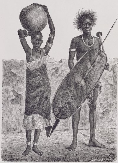 Shillook guerreiro e menina, gravada por Jahrmargt, de "A História da Humanidade", Vol.III, pelo Prof. Friedrich Ratzel, 1898 de Richard Buchta