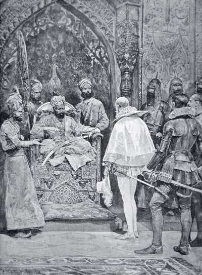 Akbar o Grande recebe o Embaixador da Rainha Isabel em 1599 (litho) de Richard Caton (after) Woodville