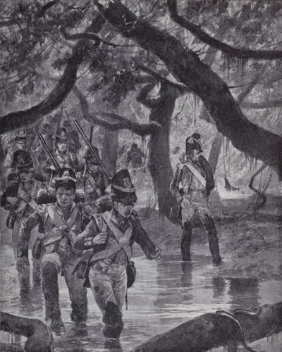 Soldados britânicos atravessam os pântanos do rio Essequibo, na Guiana Britânica de Richard Caton II (after) Woodville