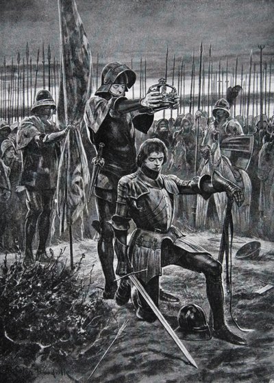 Henrique VII coroado em Bosworth, ilustração de "A História da Nação" (litho) de Richard Caton II (after) Woodville