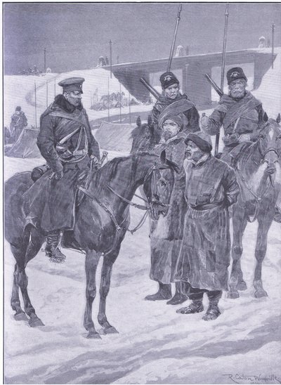 Detenção de espiões japoneses descobertos como coolies, ilustração deCassells História da Guerra Russo-Japonesa Vol 1, c.1900 de Richard Caton Woodville