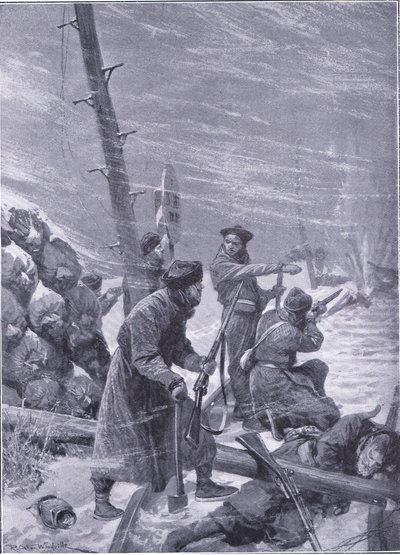 Ataque na estrada de ferro por Chunchuses, ilustração fromCassells História da Guerra Russo-Japonesa Vol 1, c.1900 de Richard Caton Woodville