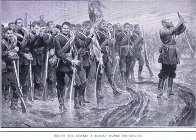 Antes da batalha: Uma oração russa pelo sucesso, ilustração deCassells História da Guerra Russo-Japonesa Vol 1, c.1900 de Richard Caton Woodville
