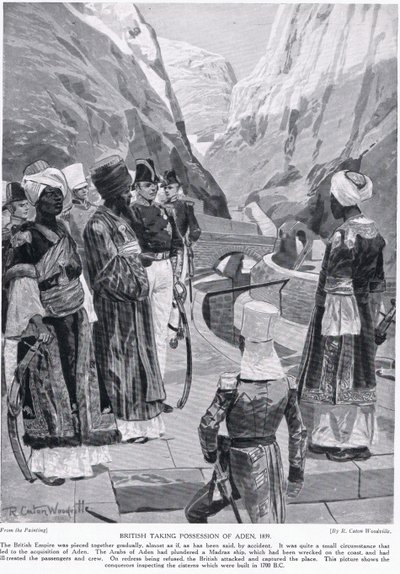 Britânicos tomando posse de Aden, ilustração da &39;Hutchinson&39;s Story of the British Nation&39; de Richard Caton Woodville