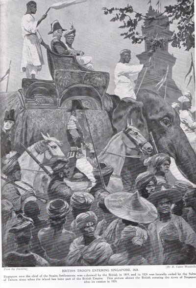 Tropas britânicas entrando em Cingapura, 1824, ilustração da &39;Hutchinson&39;s Story of the British Nation&39; de Richard Caton Woodville
