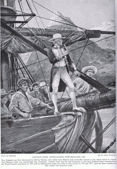Capitão Cook se aproximando da Nova Zelândia, ilustração da &39;Hutchinson&39;s Story ofthe British Nation&39;, c.1923 de Richard Caton Woodville