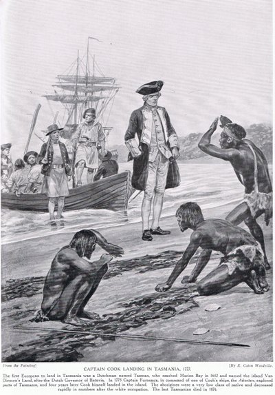 Capitão Cook desembarque na Tasmânia, 1777, ilustração da "História da nação britânica" de Hutchinson, c.1923 de Richard Caton Woodville