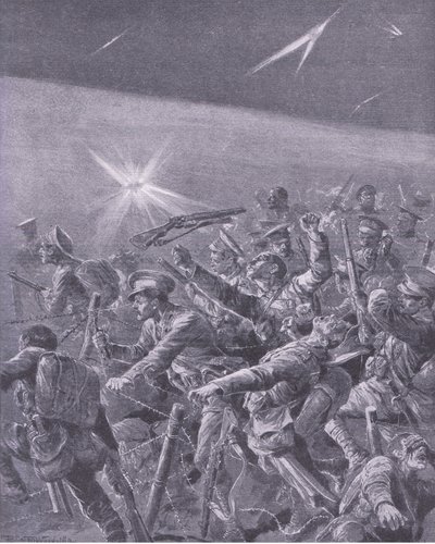 Preso em enredos de arame farpado: Ataque noturno pela infantaria britânica, da História da Grande Guerra Vol. 3 publicada por Waverley Book Co Limited, c.1920 de Richard Caton Woodville