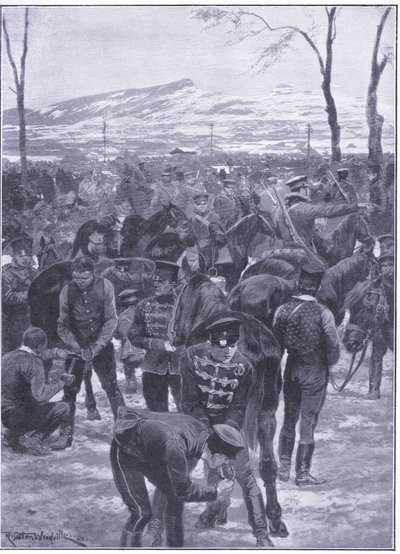 Acampamento de cavalaria japonesa em Seul: Farriers no trabalho, ilustração fromCassells História da Guerra Russo-Japonesa Vol 1, c.1900 de Richard Caton Woodville