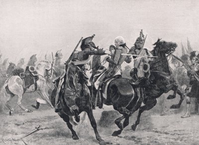 O ataque a Sir Ralph Abercrombie pelos dragões franceses, ilustração de "Batalhas britânicas na terra e no mar", publicado por Cassell, Londres, c.1910 de Richard Caton Woodville