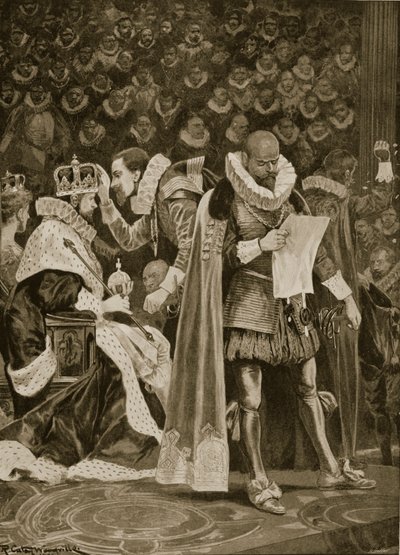 A Homenagem, a Largesse e o Perdão Geral na Coroação de James I e Anne da Dinamarca, 25 de julho de 1603, de &39;The Illustrated London News&39;, 1902 de Richard Caton Woodville