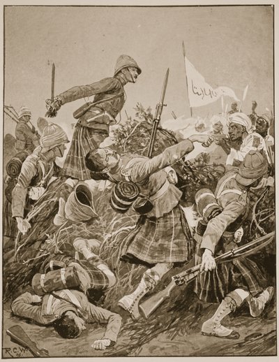 Os Highlanders de Seaforth invadiram o zareba na Batalha de Atbara, ilustração de "Battles of the décimo nono século" vol. V: Campanhas dos anos noventa, por A. Hilliard Atteridge de Richard Caton Woodville