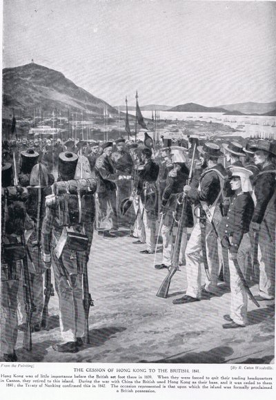 A cessão de Hong Kong à ilustração britânica de 1841 da "História da nação britânica" de Hutchinson, c.1923 de Richard Caton Woodville