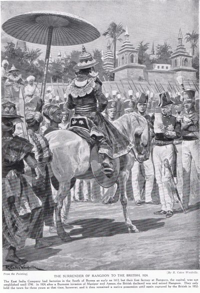 A rendição de Rangoon aos britânicos, em 1824, ilustração da "Hutchinson&39;s Story ofthe British Nation", c.1923 de Richard Caton Woodville
