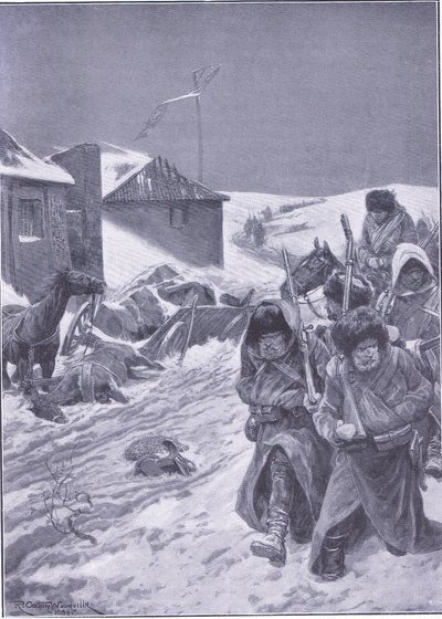 A interminável marcha para o leste: uma visão familiar no caminho, ilustração deCassells História da Guerra Russo-Japonesa Vol 1, c.1900 de Richard Caton Woodville