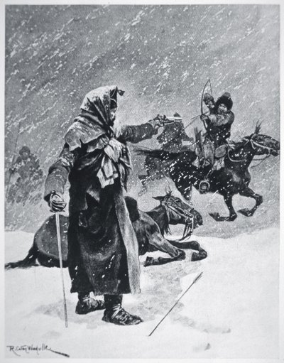 Os arqueiros cossacos túrquicos-Bashkir perseguiram e perseguiram a retirada do Exército de Napoleão da Rússia em 1812 (cor litho) de Richard Caton Woodville