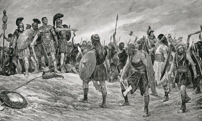 Vespasiano resgatado por seu filho Tito, ilustração da "História das Nações de Hutchinson", c.1910 de Richard Caton Woodville