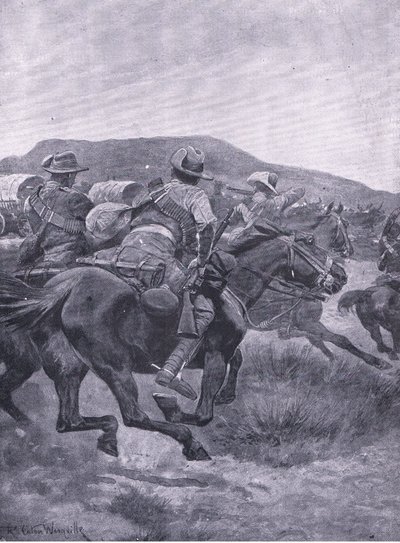 Yeomanry atacando De Wets, retaguarda e transporte, de After Pretoria: The Guerilla War publicado por Harmsworth Bros Limited, 1901 de Richard Caton Woodville