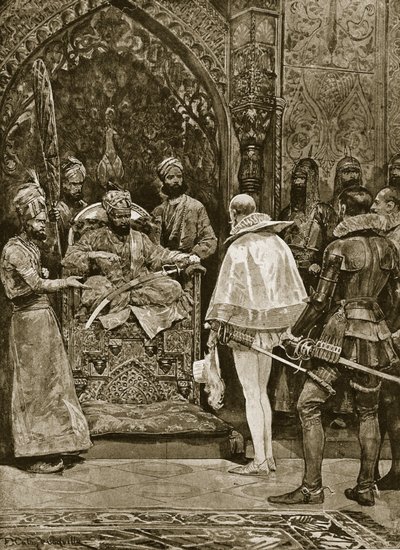Uma antiga embaixada inglesa na Índia, em 1599, ilustração da "Hutchinson&39;s Story ofthe British Nation", c.1923 de Richard Caton Woodville junior